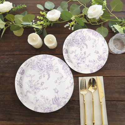25-Pack Paper 9’’ Round Dinner Plates in White with Matte Lavender French Toile Pattern - Disposable Floral Party