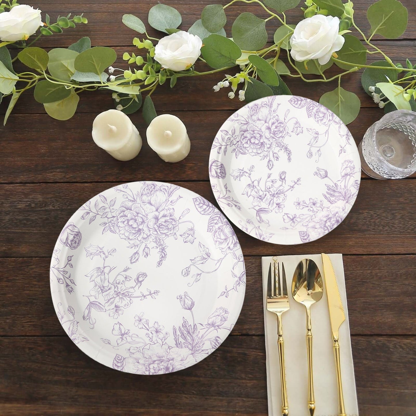 25-Pack Paper 9" Round Dinner Plates in White with Matte Lavender French Toile Pattern - Disposable Floral Party Plates