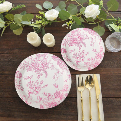 25-Pack Paper 9" Round Dinner Plates in White with Matte Pink French Toile Pattern - Disposable Floral Party Plates