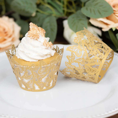 25-Pack Paper Cupcake Liners Butterfly Lace Pattern Design Gold - Round Muffin Wrapper Cups 3’’ - Decorations