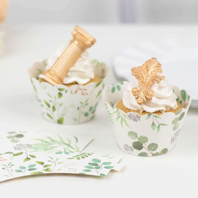 25-Pack Paper Cupcake Wrappers Eucalyptus Leaves Print White Green - Round Muffin Truffle Cup Liners 3’’ - Decorations