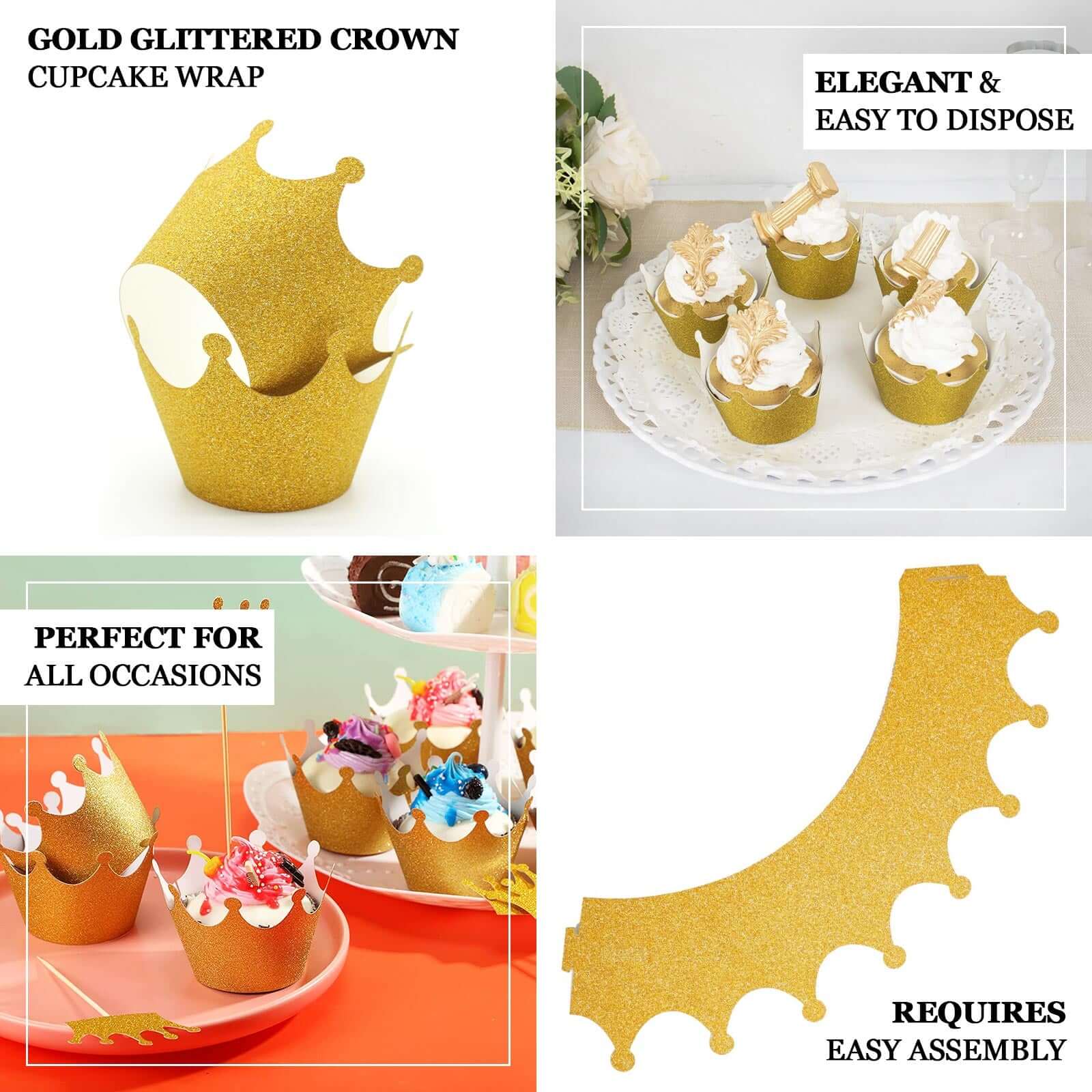 25-Pack Paper Cupcake Wrappers Glitter Crown Design Gold - Dust Free Muffin Paper Cup Liners - Decorations