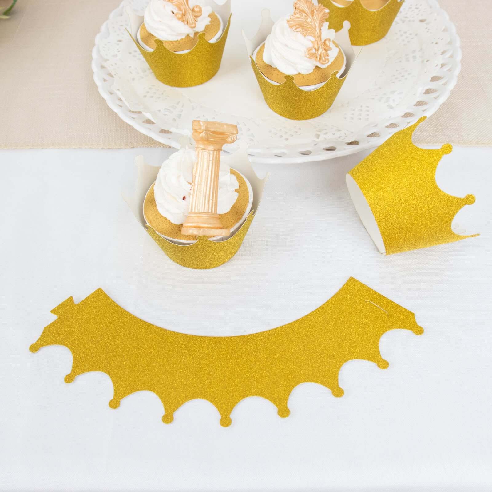 25-Pack Paper Cupcake Wrappers Glitter Crown Design Gold - Dust Free Muffin Paper Cup Liners - Decorations