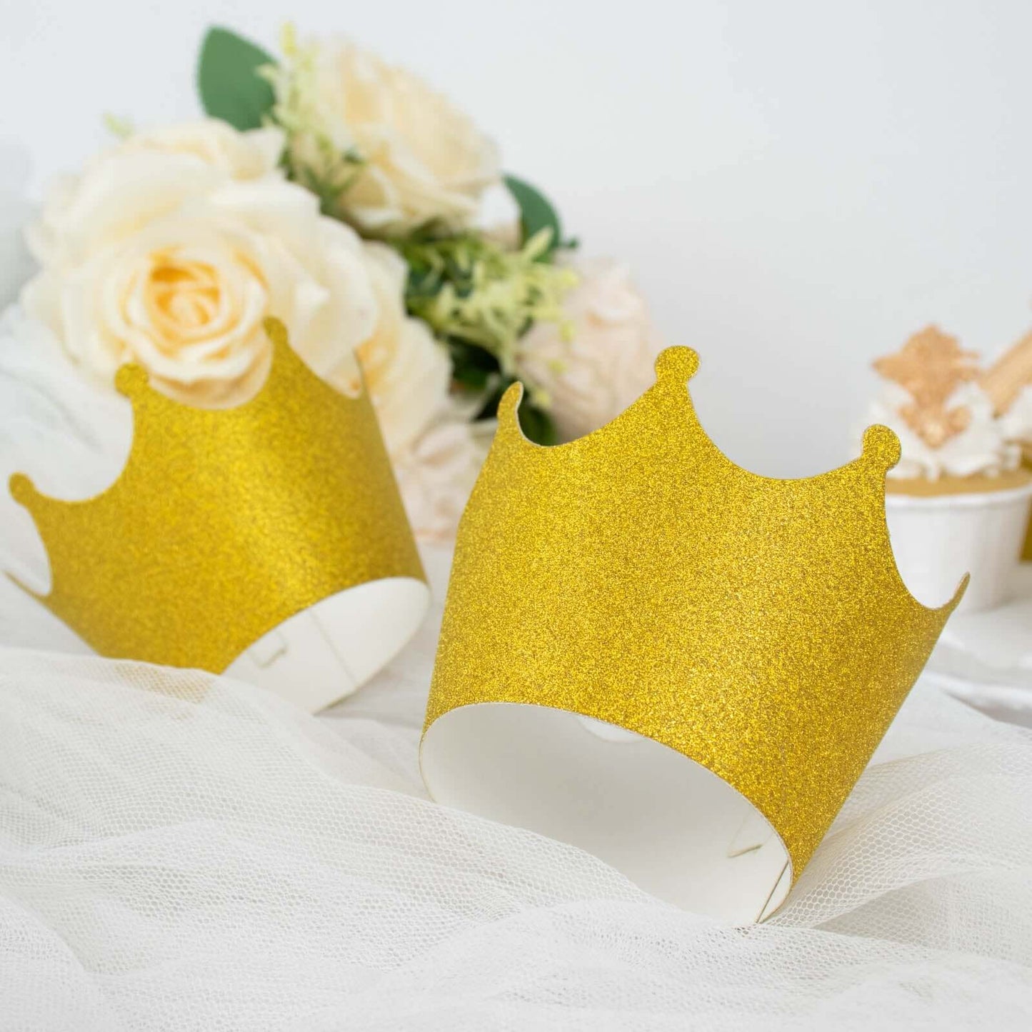 25-Pack Paper Cupcake Wrappers Glitter Crown Design Gold - Dust Free Muffin Paper Cup Liners - Decorations