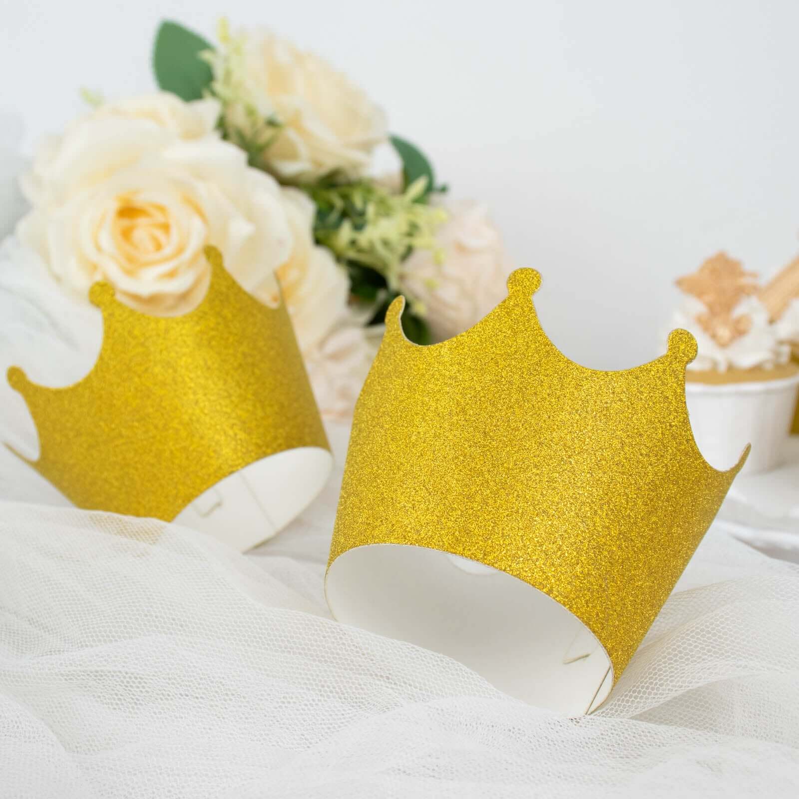 25-Pack Paper Cupcake Wrappers Glitter Crown Design Gold - Dust Free Muffin Paper Cup Liners - Decorations