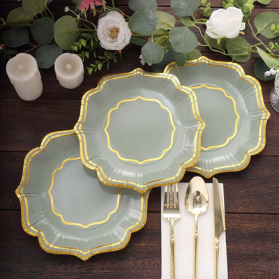 25-Pack Paper Dessert Plates in Sage Green with Gold Scallop Rim - Disposable 300GSM Appetizer Salad Plates 8’’