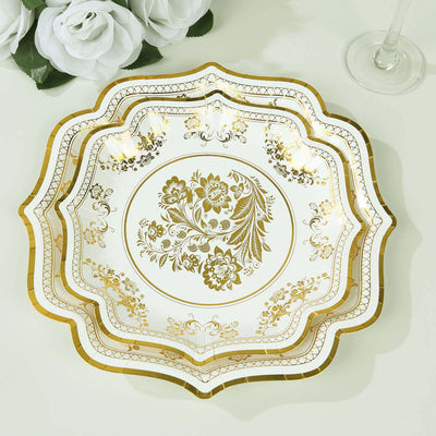 25-Pack Paper Dessert Plates in White with Gold Damask Floral Print & Scallop Rim - Stylish Disposable 300GSM Floral