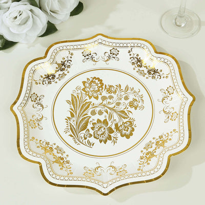 25-Pack Paper Dinner Plates in White Gold Damask Floral Print & Scallop Rim - Stylish Disposable 300GSM Floral Party
