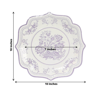 25-Pack Paper Dinner Plates in White Lavender Lilac Damask Floral Print & Scallop Rim - Stylish Disposable 300GSM