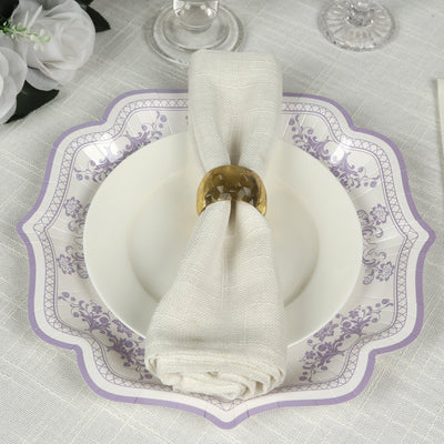 25-Pack Paper Dinner Plates in White Lavender Lilac Damask Floral Print & Scallop Rim - Stylish Disposable 300GSM