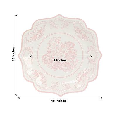 25-Pack Paper Dinner Plates in White Pink Damask Floral Pattern & Scallop Rim - Stylish Disposable 300GSM Floral Party