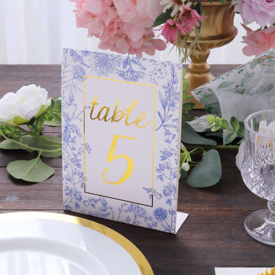 25-Pack Paper Wedding Table Numbers 1-25 White/Blue French Toile Design - Free Standing Double Sided Table Signs