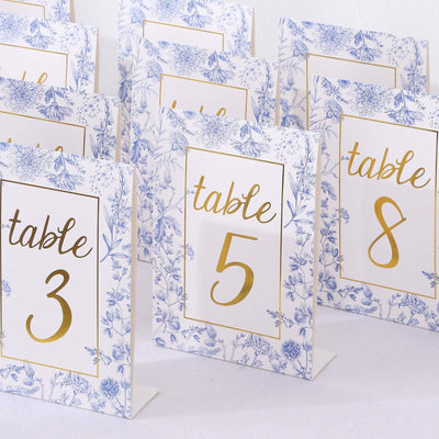25-Pack Paper Wedding Table Numbers 1-25 White/Blue French Toile Design - Free Standing Double Sided Table Signs