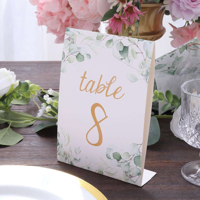 25-Pack Paper Wedding Table Numbers 1-25 White/Green Eucalyptus Leaves Design - Free Standing Double Sided Table Signs