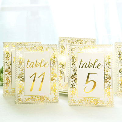 25-Pack Paper Wedding Table Numbers 1-25 White/Metallic Gold French Toile Design with Glam Gold Foil Numbers 7’’