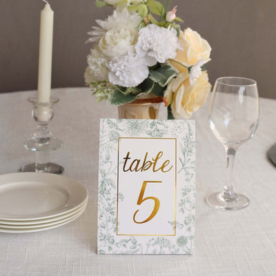 25-Pack Paper Wedding Table Numbers 1-25 White/Sage Green French Toile Design - Free Standing Double Sided Table Signs