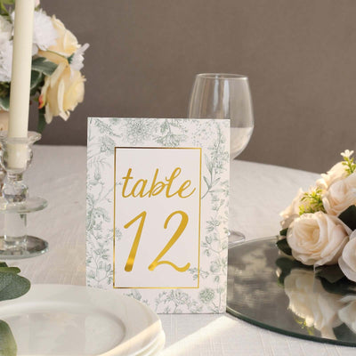 25-Pack Paper Wedding Table Numbers 1-25 White/Sage Green French Toile Design - Free Standing Double Sided Table Signs