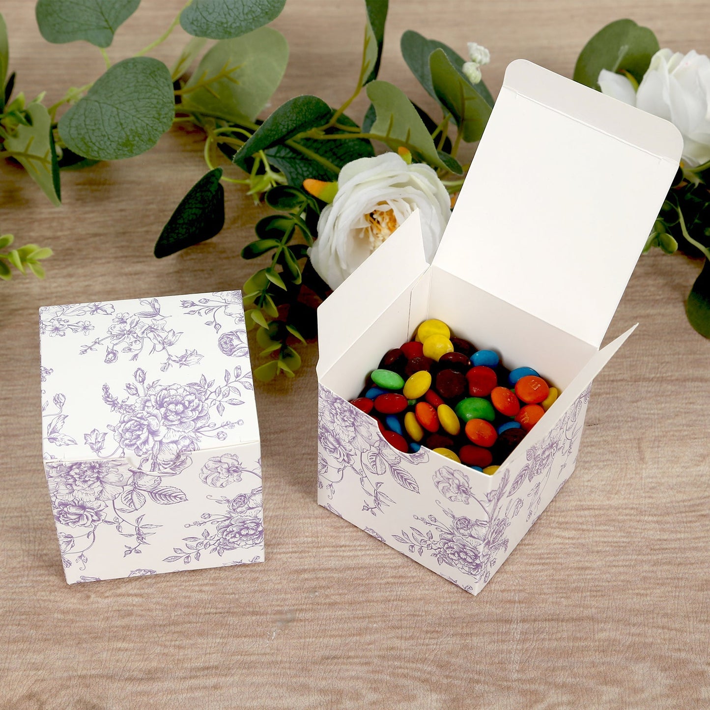 25 Pack Candy Treat Favor Boxes in French Toile Pattern - Matte Lavender and White Party Gift Boxes, Cardstock Paper - 3"x3"