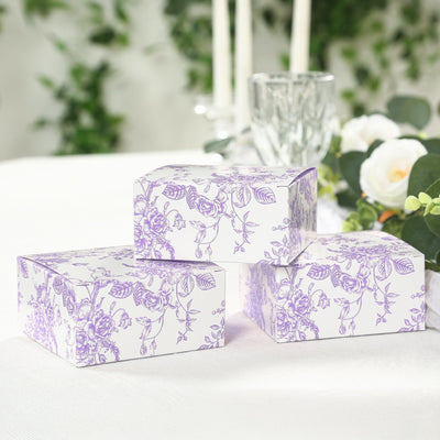 25 Pack Party Favors Boxes in French Toile Pattern Matte Lavender and White Candy Gift Boxes - Cardstock Paper