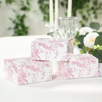 25 Pack Party Favors Boxes in French Toile Pattern Matte Pink and White Candy Gift Boxes - Cardstock Paper