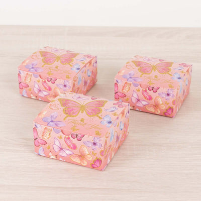 25 Pack Pink Butterfly Themed Candy Gift Boxes with ’Thank You’ Print Cardstock Paper Party Favor Boxes - 4’’x4’’x2’’