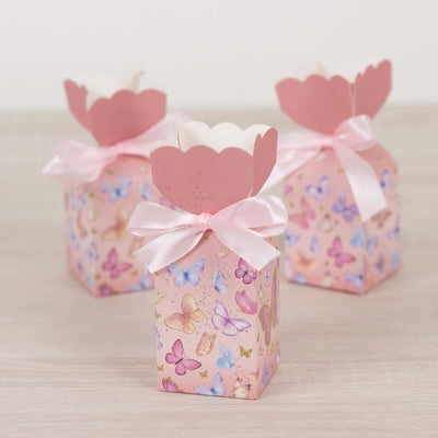 25 Pack Pink Floral Top Candy Gift Boxes With Butterfly Print Cardstock Paper Party Favor Boxes With Satin Ribbons