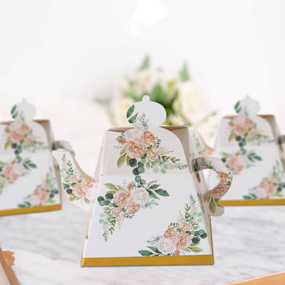 25 Pack Pink Peony Floral Mini Teapot Party Favor Boxes with Gold Edge Tea Time Gift Boxes - 5’’x4’’ - Favor Bags &