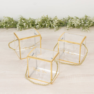 25 Pack Plastic Clear Square Gift Boxes with Gold Trim - Transparent Favor Boxes Rope Handle Pre-Printed Thank