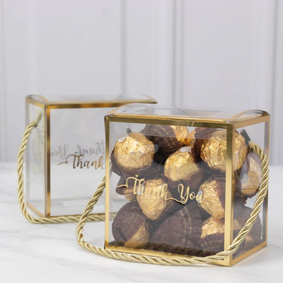 25 Pack Plastic Clear Square Gift Boxes with Gold Trim - Transparent Favor Boxes Rope Handle Pre-Printed Thank