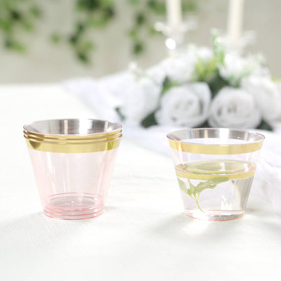 25-Pack Plastic Party Cups Transparent Blush Crystal with Gold Rim - Stylish Short Disposable Glasses 9oz - Disposables