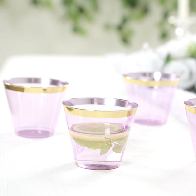 25-Pack Plastic Party Cups Transparent Purple Crystal with Gold Rim - Stylish Short Disposable Glasses 9oz - Disposables
