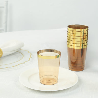 25-Pack Plastic Tumbler Cups Transparent Amber Gold with Gold Rim - Stylish Disposable Party Glasses 10oz - Disposables