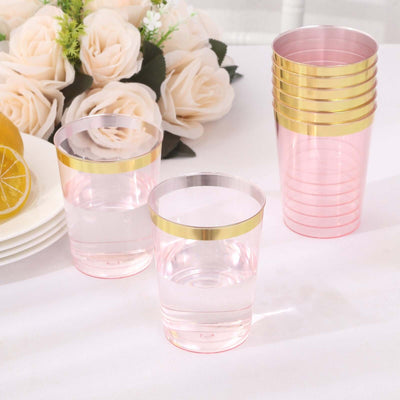 25-Pack Plastic Tumbler Cups Transparent Blush with Gold Rim - Stylish Disposable Party Glasses 10oz - Disposables