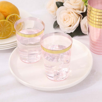 25-Pack Plastic Tumbler Cups Transparent Blush with Gold Rim - Stylish Disposable Party Glasses 10oz - Disposables