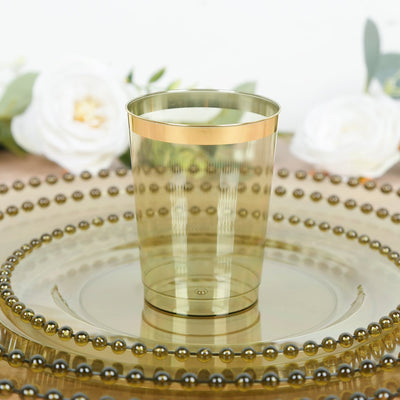 25-Pack Plastic Tumbler Cups Transparent Dusty Sage Green with Gold Rim - Stylish Disposable Party Glasses 10oz