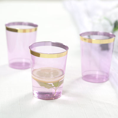 25-Pack Plastic Tumbler Cups Transparent Purple with Gold Rim - Stylish Disposable Party Glasses 10oz - Disposables