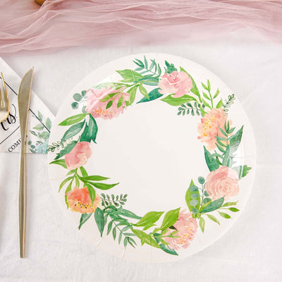 25-Pack Paper 9" Round Dinner Plates in White with Rose/Peony Flower Wreath - Disposable Party Plates for Bridal Showers & Garden Parties