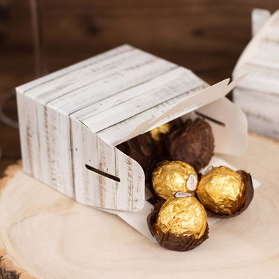 25 Pack Rustic White Candy Gift Tote Gable Boxes With Wood Plank Pattern Party Favor Treat Boxes - 4’’x2.5’’x4.5’’