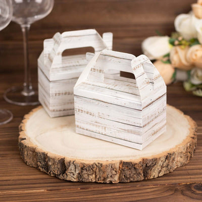 25 Pack Rustic White Candy Gift Tote Gable Boxes With Wood Plank Pattern Party Favor Treat Boxes - 4’’x2.5’’x4.5’’