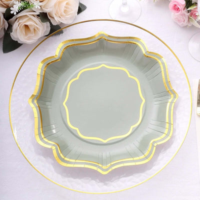 25-Pack Paper Dinner Plates in Sage Green with Gold Scallop Rim - Disposable 300GSM Party Plates 10"