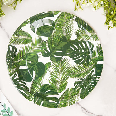 25-Pack Paper 9" Round Dinner Plates in White with Tropical Palm Leaf Design - Disposable 300GSM Party Plates for Luau & Summer Gatherings