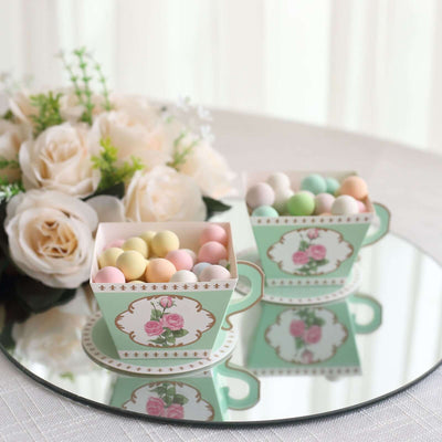 25 Pack Turquoise Mini Teacup and Saucer Party Favor Boxes with Rose Floral Print Tea Time Candy Boxes - 4’’x3’’