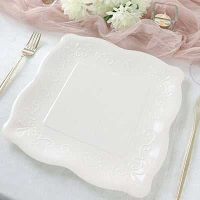 25-Pack Paper 11" Square Dinner Plates in White with Vintage Pottery Embossed Design - Shiny Disposable Serving Plates