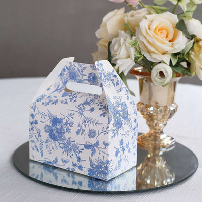 25 Pack White Blue Candy Gift Tote Gable Boxes in French Toile Pattern Party Favor Treat Boxes - 6’’x3.5’’x7’’ - Favor