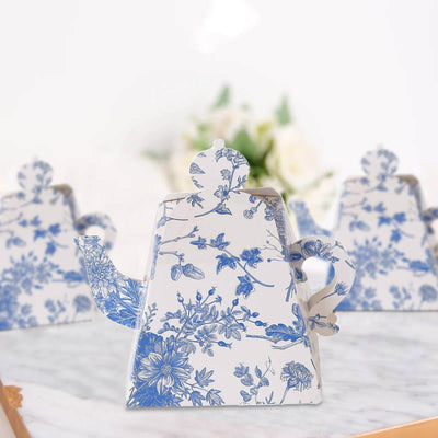 25 Pack White Blue Mini Teapot Party Favor Boxes in French Toile Pattern Tea Time Gift Boxes - 5’’x4’’ - Favor Bags &
