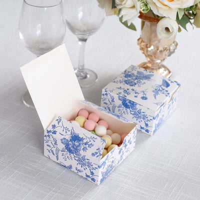 25 Pack White Blue Paper Favor Boxes in French Toile Pattern Cardstock Party Shower Candy Gift Boxes - 4’’x4’’x2’’