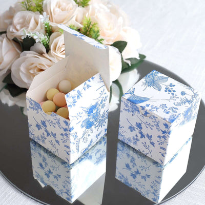 25 Pack White Blue Paper Favor Boxes in French Toile Pattern Cardstock Party Shower Candy Gift Boxes - 3’’x3’’x3’’