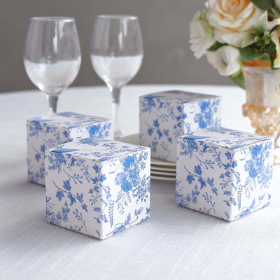 25 Pack White Blue Paper Favor Boxes in French Toile Pattern Cardstock Party Shower Candy Gift Boxes - 3’’x3’’x3’’