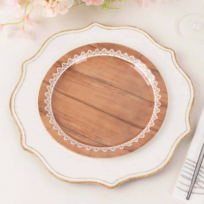 25-Pack Paper 9" Round Dinner Plates in Brown Wood Grain Print with White Floral Lace Rim - Disposable Party Plates for Rustic Farmhouse Style Events