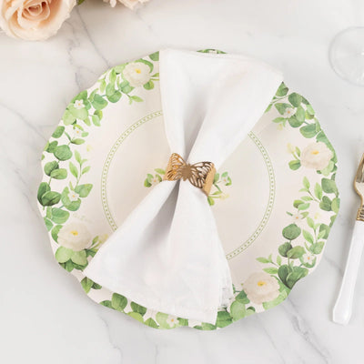 25-Pack Paper 11" Round Dinner Plates in White with Floral Greenery & Scalloped Edges - Disposable Party Plates for Nature-Inspired Events & Chic Celebrations
